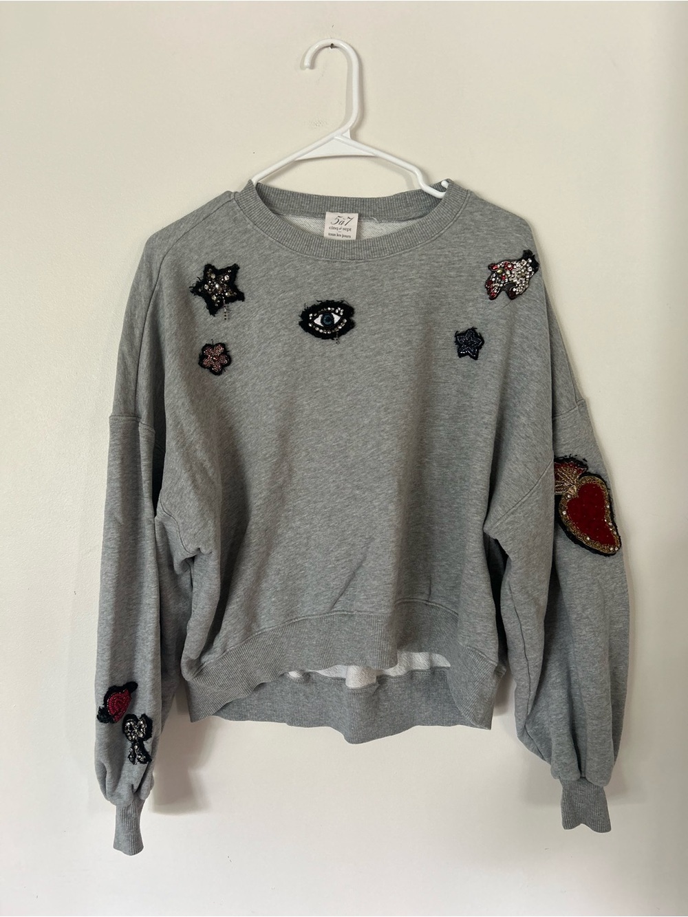 Cinq A Sept Grey PATCH PULLOVER SWEATSHIRT Size Small